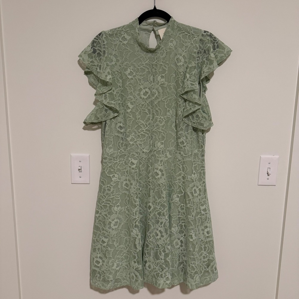 Maeve Anthropologie Sage Green Floral‎ Lace Mock Neck Flutter Sleeve Dress Large - Picture 1 of 4